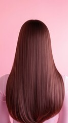 Naklejka premium Beautiful model girl with Brown hair strand,silky healthy chestnut wavy hair strand,hair wavy ribbon, with smooth,Keratin straightening,Treatment,straight long hair,procedures,Smooth hairstyle.
