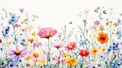 Beautiful seamless floral water color pattern Set, watercolor wild flowers, leaves and grass,Collection botanic garden elements, isolated illustration in rustic or vintage style,copy space.