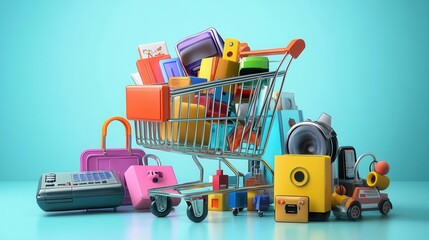 Obraz premium Shopping cart with household goods,Home appliances in the shopping cart,Ecommerce or online shopping ,appliances and electronics,sales and retail concept,Metal shopping cart,copy space.