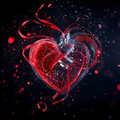 Interconnected Medical Devices Forming a Vibrant Heart with Flowing Red Ribbons and Particles Effect on Dark Background