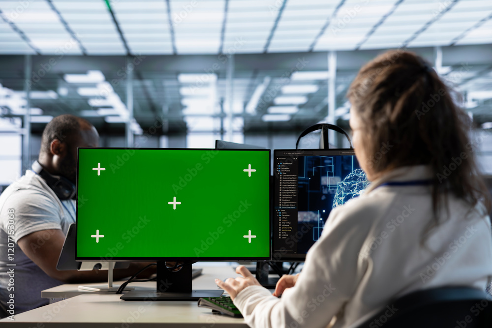 Poster isolated screen pc in front of it support workers upgrading ai equipment. engineers at pc desk overs