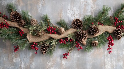 Rustic garland with burlap ribbons, pinecones, and red berries, creating a warm holiday feel