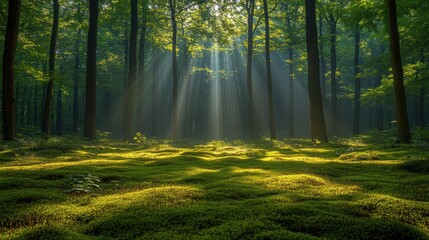 Sunlight filtering through trees in a serene forest. Concept of nature and tranquility.