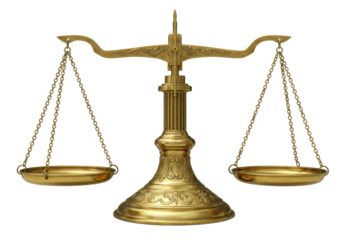 A vintage-style golden balance scale with intricate detailing, isolated on a white background