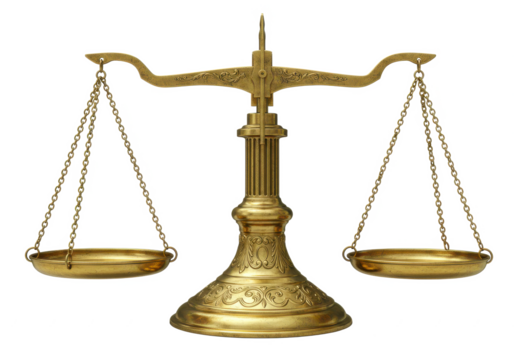 A vintage-style golden balance scale with intricate detailing, isolated on a white background