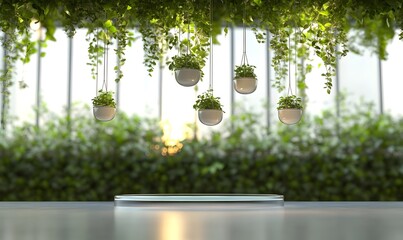 Glass platform, hanging plants, green wall, sunset, product display
