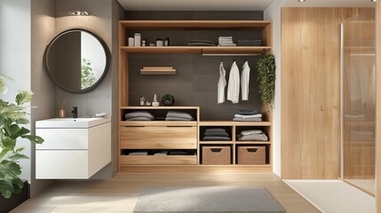 A compact wardrobe with open shelves displaying neatly arranged folded garments.