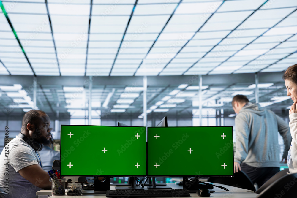 Poster green screen computer used by engineers working in high tech server hub processing vast amounts of d
