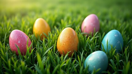 Brightly colored Easter eggs arranged in green grass outdoors. Festive springtime holiday concept