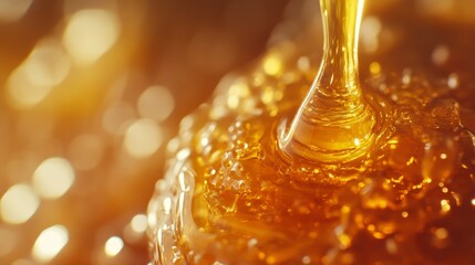 Honey dripping from wooden dipper. Close up honey background