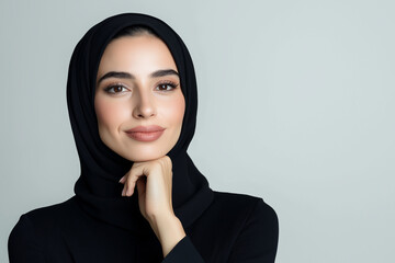 Fototapeta premium Smiling arabic woman in hijab with smooth perfect skin resting her chin on hand, studio photo on white, cosmetics advertise concept