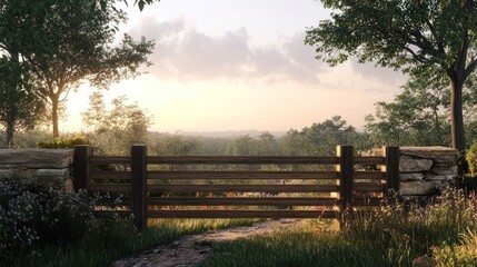 Obraz premium Rustic gate with horizontal wooden planks and a natural finish, seamlessly integrated into a rural landscape