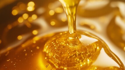 Honey dripping from wooden dipper. Close up honey background