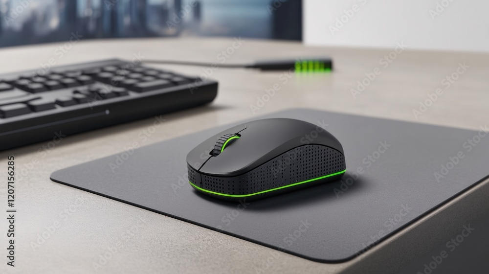 Poster modern wireless computer mouse on desk mat with keyboard