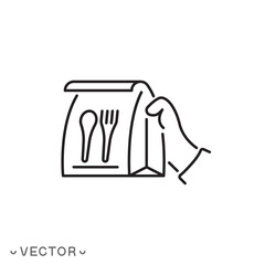 home delivery food icon, courier with paper bag, man holding paper bag with fork and spoon, hand order giving concept, thin line symbol isolated on white background, eps 10 vector illustration