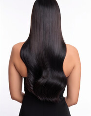 Naklejka premium Una mujer joven de espaldas con melena de pelo negro liso y bien peinado sobre fondo blanco