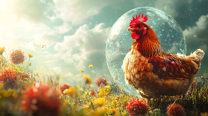 Rooster on Farm Amid Avian Flu Outbreak and Pandemic