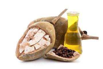 Dried baobab fruit ,seeds and oil isolated on white background.