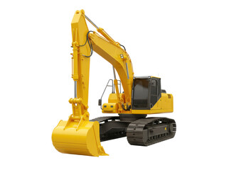 A yellow industrial excavator with visible details like tracks and boom, isolated on a white background