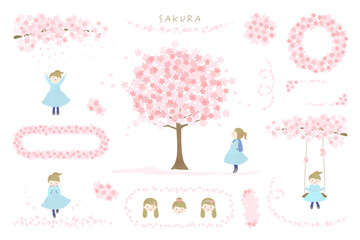 桜と女の子のイラストセット01