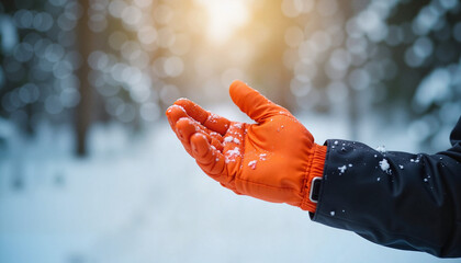 Hand reaching for warmth in snowy landscape, winter comfort