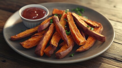 A plate of baked sweet potato fries, featuring crispy, golden-brown fries with a side of dipping sauce