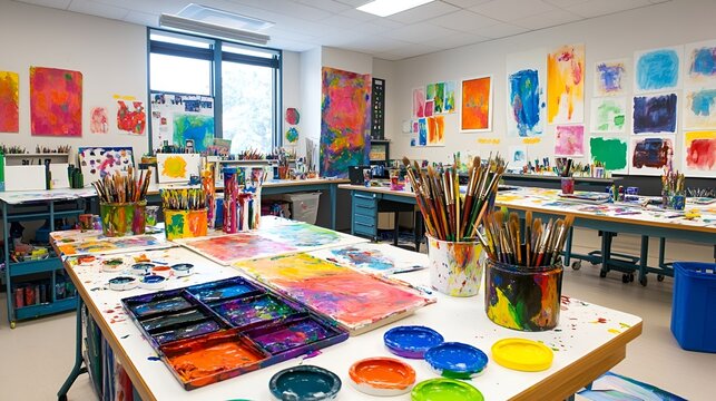 A vibrant art classroom with colorful paints, brushes, and creative student projects