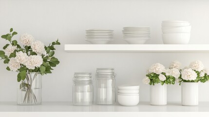 Elegant white kitchen shelves featuring glass canisters and matching crockery in soft hues.