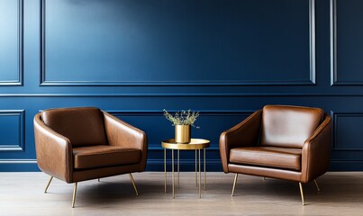 Two brown leather armchairs and gold side table against a navy blue wall.