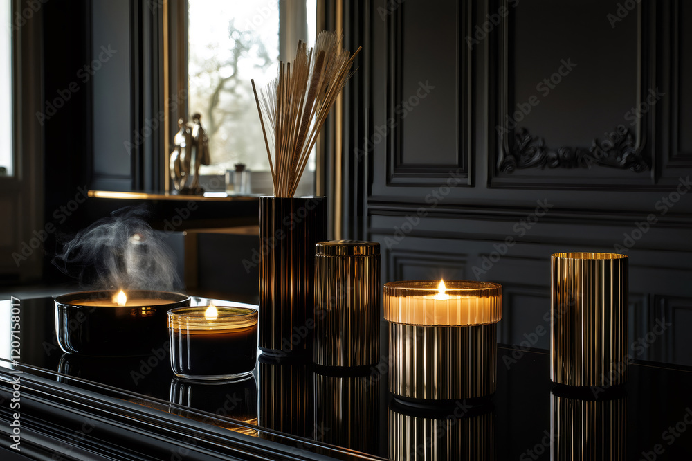 Poster burning candles and reed diffusers create a warm and inviting atmosphere in a luxurious, dark toned 