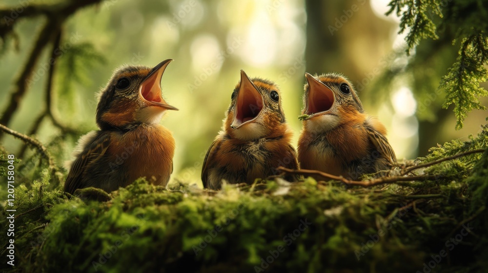 Poster a captivating close-up of a nest with baby birds peeking out, their wide-open beaks ready for food, 