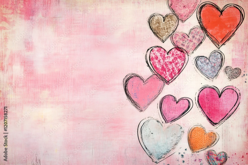 Poster pink textured background featuring an array of colorful hand drawn hearts, creating a whimsical and 