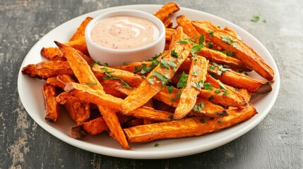 A plate of baked sweet potato fries, featuring crispy, golden-brown fries with a side of dipping sauce