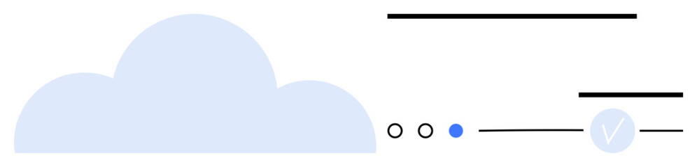 Light blue cloud icon, three horizontal loading bars, three circle indicators including a blue filled circle, and a blue checkmark indicate task completion. Ideal for data storage, progress tracking