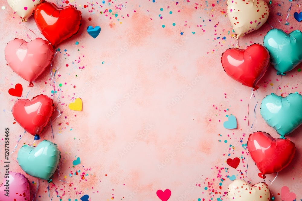 Poster heart shaped balloons in various colors create a festive frame around a pink background adorned with