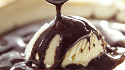 Thick chocolate sauce drizzled on ice cream