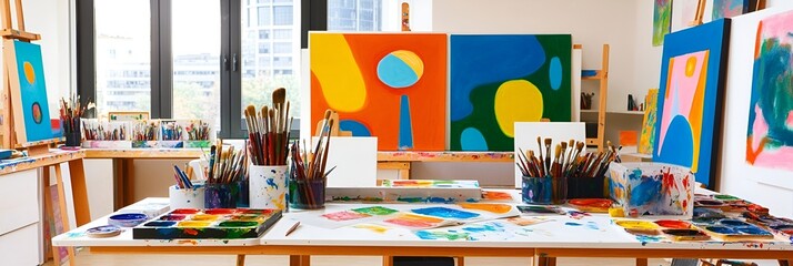 A vibrant art classroom with paint brushes, palettes, and colorful art pieces displayed
