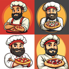 Happy Chef Logo Holding a Pizza Dish, Pizza Chef Illustration in Cartoon Style