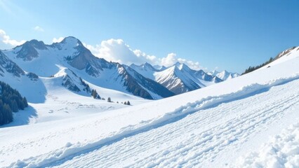 Snow-covered mountain range with tracks on sunny day