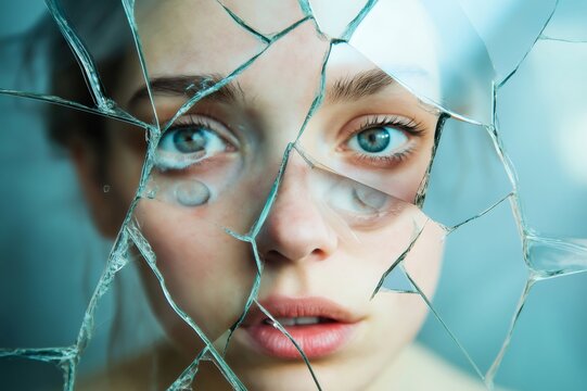 Close up of young woman with blue eyes reflected in shattered glass, conveying feelings of fragility, brokenness, and surprise