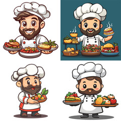 Happy Chef Logo Holding a Pizza Dish, Pizza Chef Illustration in Cartoon Style