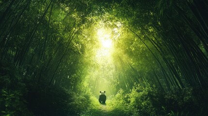 Obraz premium panda emerging from the dense bamboo forest, walking along a small path under the canopy of trees, with sunlight filtering through the leaves
