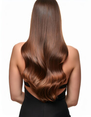 Fototapeta premium Una mujer con melena de cabello castaño de espaldas sobre fondo blanco