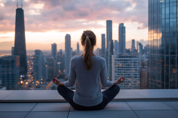 Rear view of a woman practicing yoga on a modern rooftop in city at sunset, finding inner peace and balance