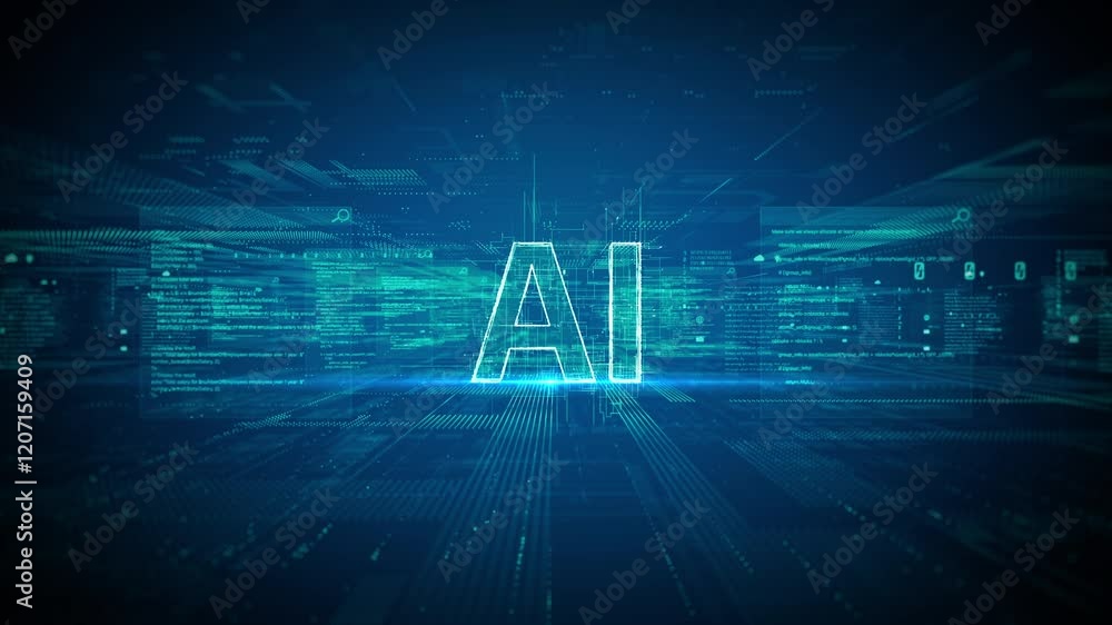 Aufkleber AI text in futuristic digital background with grids, and data symbolizing artificial intelligence, machine learning, and advanced technology. Big Data processing analytics technology background