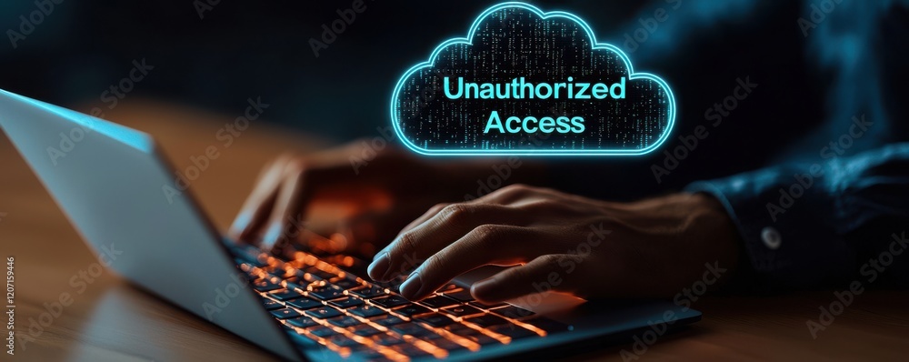 Poster clound security threats concept. a person types on a laptop with a glowing keyboard, while a message