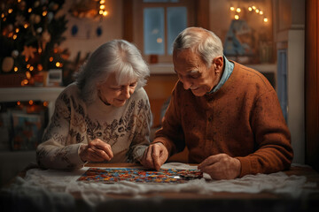 Senior couple enjoying a cozy Christmas Eve at home, assembling a jigsaw puzzle together and sharing moments of love and relaxation