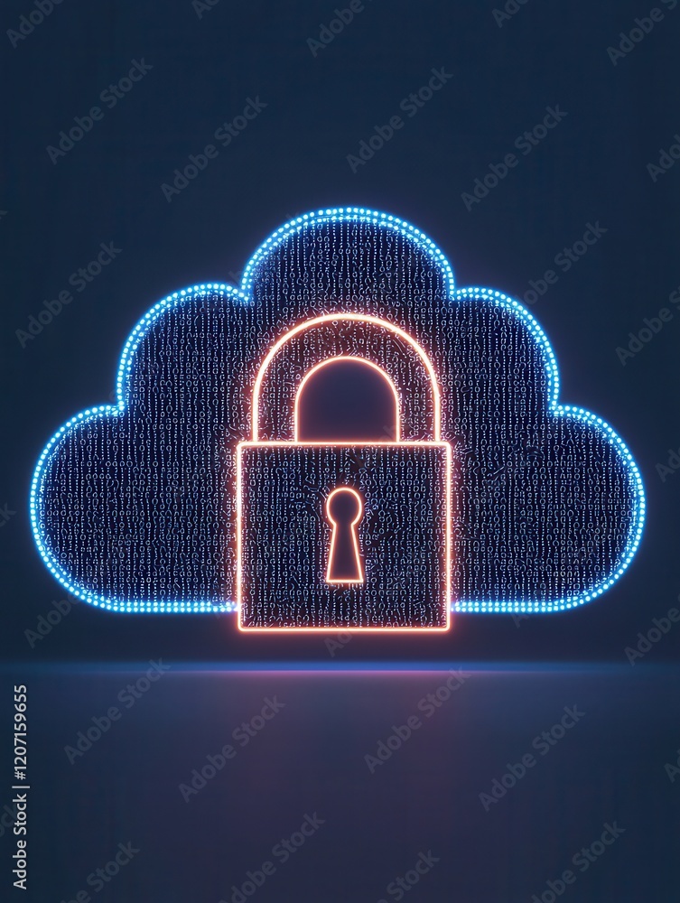 Poster a glowing cloud with a padlock symbolizes secure cloud storage and data protection in a digital envi