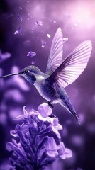 Fototapeta premium Purple Hummingbird in Flight Graceful Wings Lavender Flowers Dreamlike Scene