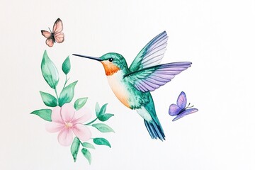 Watercolor Hummingbird with Butterflies and Flowers Delicate Spring Nature Painting